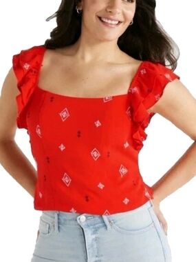 Sofia Vergara Jeans Women's Double Ruffle Embroidered Top Sz M Aztec Vacation